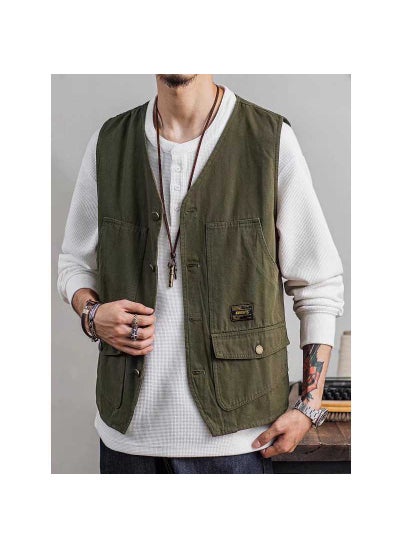 اشتري Overalls Vest Jacket Summer Trendy Brand Sleeveless Vest ins Multi-Pocket Thin Waistcoat Tactical Vest JacketGreen Green في السعودية