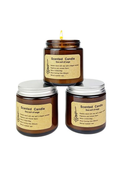 اشتري Sea Salt of Sage Scented Candles Jar Set Of 3, 20Hour Burning for Home Decoration, Office, 100g في الامارات