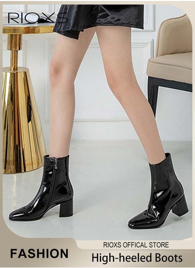 Buy Women's High-heeled Western Cowboy Boots Ladies Solid Color Ankle Boots Simple Fashion Suqre Round Toe Leather Boots Autumn Winter Pump Shoes in UAE