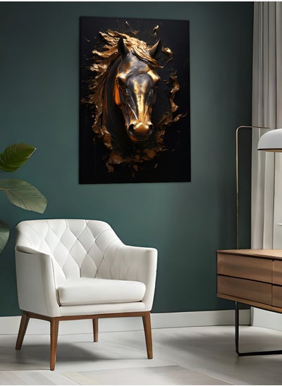 Buy Canvas Wall Art Stretched Over Wooden Frame with Golden Horse Head Painting in Saudi Arabia