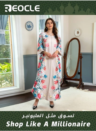 Buy Women's Traditional Dress Long Embroidered Kaftan Satin Silk Maxi Flower Plus Size Dress with Pearls Fashion and Luxurious Arab Dress for Anniversary Wedding Birthday in UAE