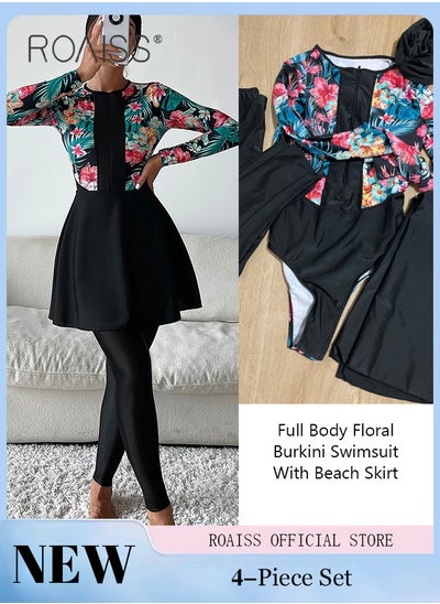 Buy 4 Piece Women Swimsuit Beach Sun Protection Clothing Conservative Style Long Sleeve Sun Protection Body Modification Printing Elements Contrasting Colors Various Matching Methods in UAE