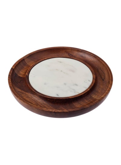 Buy Round wooden dish measuring 30 cm with marble decor in the middle in Saudi Arabia