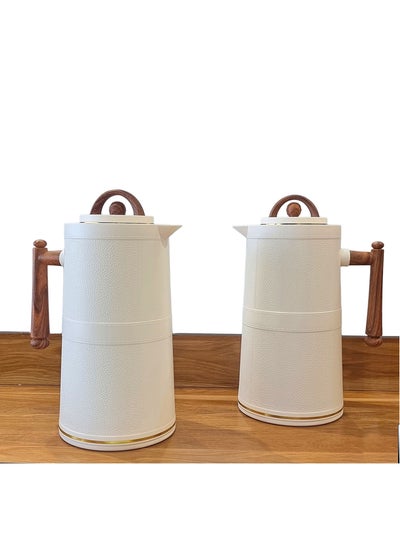 Buy Elegant beige/dark wooden thermos set for tea and coffee, 1 liter in Saudi Arabia