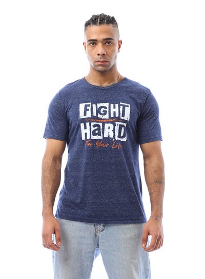 Buy "Fight Hard" Printed Heather Navy Blue Tee in Egypt