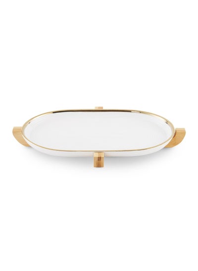 Buy Paco Oval Serving Platter With Bamboo Base 33.5x21x2cm - White in UAE