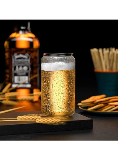 Buy Glass Cups with Bamboo Lids and Glass Straws 16oz Drinking Glasses Can Shaped Glass Cups Beer Glasses Iced Coffee Glasses Ideal for Whiskey Soda Wine Cocktail Cleaning Brushes (1 Piece) in UAE