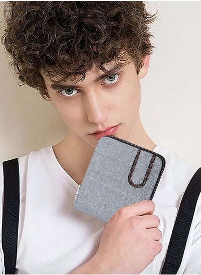 Buy Zipper Short Wallet Classic Stylish Canvas Card Holder Fold Over Multi Card Slot Coin Bag Modern Money Clip for Men Young Boy Father Brother Gift Light Grey in UAE