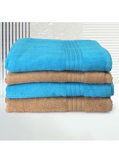 اشتري 4 Piece Bathroom Towel Set ZERO TWIST 410 GSM Zero Twist Terry 4 Bath Towel 75x130 cm Fluffy Look Quick Dry Super Absorbent Blue & Brown Color في الامارات