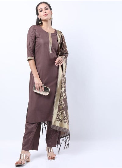 Buy Embroidered Lace Detail Kurta and Palazzo with Floral Texture Dupatta Set in Saudi Arabia