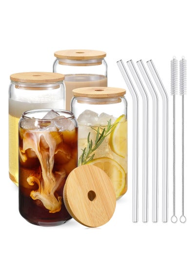 Buy 4-Piece Drinking Glasses with Bamboo Lids and Glass Straw Can Shaped Glass Cups Iced Coffee Glasses with 2 Cleaning Brushes in Saudi Arabia