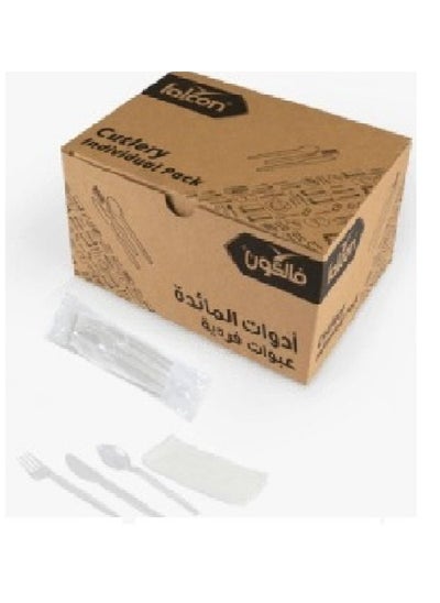 Buy Falcon Individual Clear Cutlery Set (Spoon – Fork – Knife – Napkin) (1 Carton x 500 Sets) in UAE