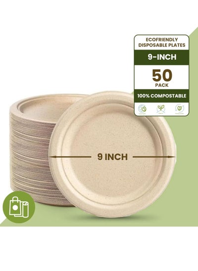 اشتري Ecoway [9 Inch - Pack Of 50] Disposable Plates Made With Bagasse Sugar Canes Microwave & Freeze Safe, Compostable & Biodegradable Dinner Plates, Everyday Tableware Strong & Large Brown في الامارات