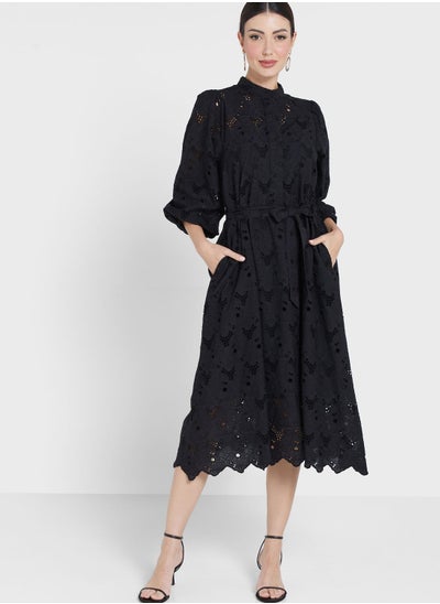 Buy Puff Sleeve Openwork Detail Dress in UAE