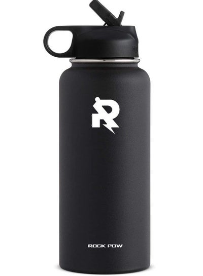 اشتري زجاجة ماء فولاذية مقاومة للصدأ معزولة بالتفريغ من Rock Pow مع غطاء مصاصة (أسود ، 40 أونصة) في الامارات