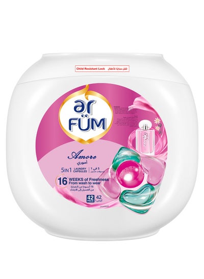 اشتري ArFum PODS, 5-in-1 Laundry Detergent Capsules with Scent Booster, Detergent Concentrate, Softener, Color Protect, Powerful Stain Remover in 1 capsule, 16 Weeks Long-Lasting Fragrance, 42 Pods, Amore في الامارات