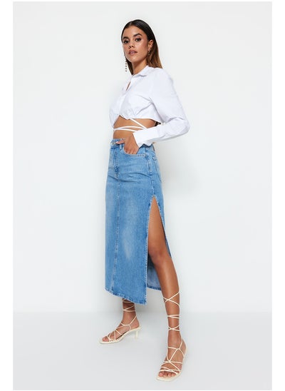 Buy Light Blue High Waist Maxi Denim Skirt With A Slit TWOSS23ET00109 in Egypt