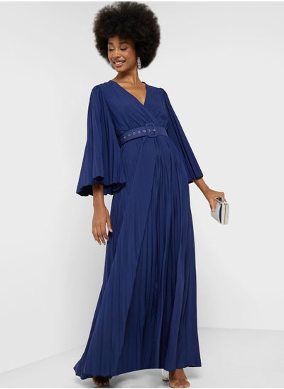 Buy Pleated Flare Sleeve Belted Dress in UAE