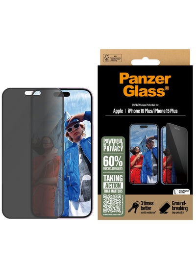 اشتري PanzerGlass® Privacy Screen Protector for Apple iPhone 16 Plus Tempered Glass, High Scratch Resistance, Impact Resistance, Smudge-Free Coating - with mounting aid for easy installation في الامارات