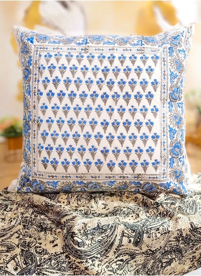 Buy Indigo Petal Non Allergenic Organic Cotton Hand Block Printed Quilted Cushion Cover 65 Cm X 65 Cm in UAE