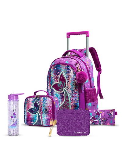 Buy Eazy Kids - 18" Set of 5 Trolley School Bag with Glitter Bento Box Glitter 550ml Water Bottle Lunch Bag & Pencil Case - Mermaid Purple in Saudi Arabia