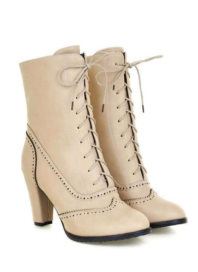 Buy Women's Low Heel Lace Up Ankle Boots Pointed-toe Side Zipper Short Booties Beige in Saudi Arabia