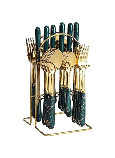 Buy Green Ceramic Handle Stainless Steel Flatware Set - 96 Piece Kitchen Wedding Cutlery Utensil for 24 Spoons, Knives, Forks, and Teaspoons in Saudi Arabia