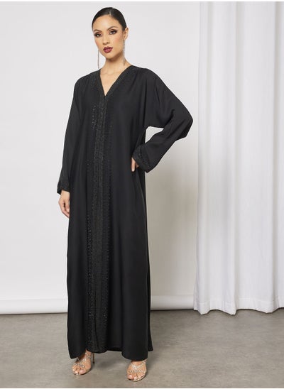 Buy Abaya With Contrasting Neckline Embellishment in Saudi Arabia