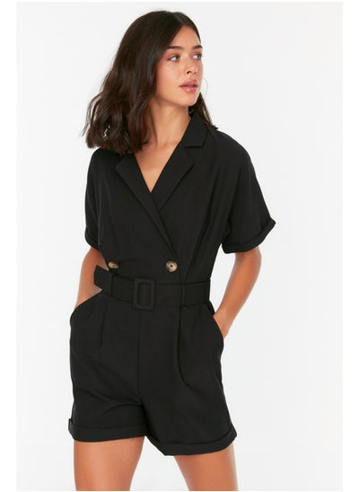 Buy Black Belted Ribbed Collar Mini Woven Jumpsuit TWOSS19WX0112 in Egypt