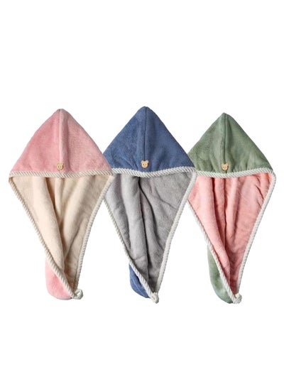 Buy Microfiber Hair Towel Wrap, 3 Pcs Turban with Button, Head Towel for Curly Wet Drying Hair for Women, Quick Dry Bath and Shower Towel, Pink, Green, Blue in Saudi Arabia