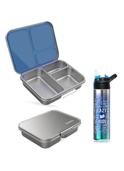 Buy Eazy Kids 3 Compartment Bento Steel Lunch Box with Stainless Steel 530ml Water Bottle - Blue in UAE