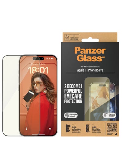 Buy PanzerGlass™ Advanced Anti-Reflective and Anti-Blue Light Screen Protector for Apple iPhone 15 Pro, Protect Your Eyes, Protect Your Phone - Case friendly full screen protector with mounting aid in UAE