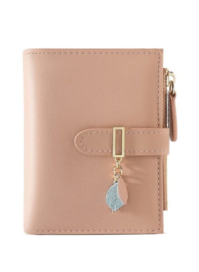 Buy Small Leaf Pink Wallet Metal Zipper Coin Pocket Card Cash Holder ID Window Purse with Double Leaf Pendant for Women Girls leather Fashion Short Wallet Purse. in UAE