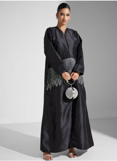 اشتري Embellished Flared Sleeve Black Abaya With Sheila في الامارات