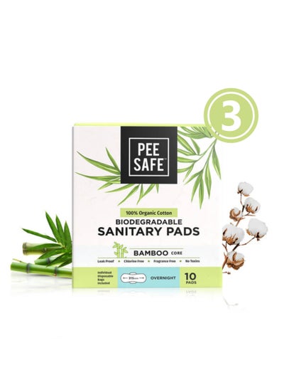 Buy PeeSafe 100% Organic Cotton Sanitary Pads, Biodegradable Bamboo Core, Super Absorbent & Leak-proof, Fragrance Free, Overnight - 10 Pads Pack Of 3 in Saudi Arabia