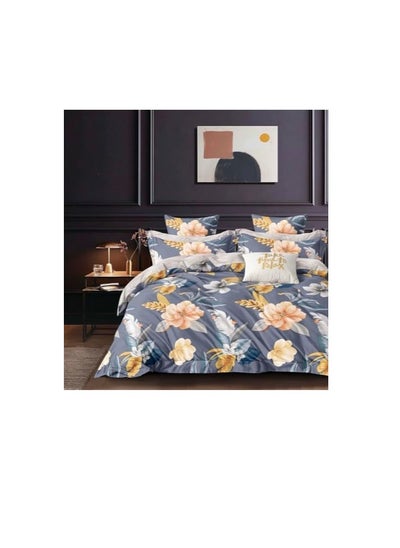 Buy 100% Cotton 6 Piece Duvet Cover Set- King Size, Includes Reversible Duvet Cover (220x240cm), Fitted Sheet (200x200cm+30 cm), 2 Pillow case & 2 Pillow Shams (48x75 +5cm), Floral Design, Grey in UAE