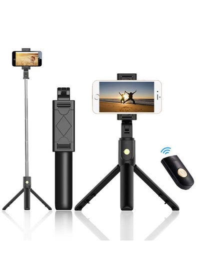 اشتري Selfie Stick Tripod Quadripod with Remote, Alloy Extendable Cell Phone Tripod Stand Compatible with iPhone/Android Phone/GoPro, Lightweight Portable Pocket Travel Tripod Black في الامارات