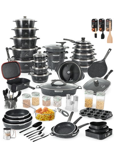 اشتري 134-Piece All-in-One Granite Cookware Set - Ultra Non-Stick Kitchen Cooking Set, Pots and Pans Set Includes Cooking Pots, Frying Pans, Saute Pans, Couscossier Steamer, Fish Pan, Grill Pan, Double Grill Pan, Wok, Sauce Pan, Bakeware, Round Baking Pans, Cutlery Set, Canister Set and Kitchen Tools في الامارات