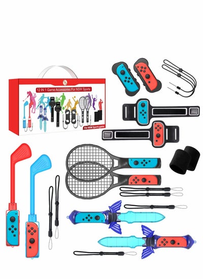 اشتري 2022 Switch Sports Accessories Bundle 12 in 1 Family Kit for Nintendo Games Tennis Rackets, Sword Grips, Golf Clubs, Wrist Dance Bands & Leg Strap, Joy-con Band في الامارات