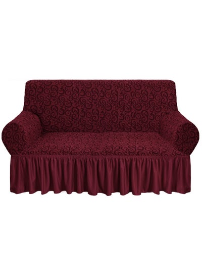 Buy Jacquard Fabric Stretchable Two Seater Sofa Cover Maroon in UAE