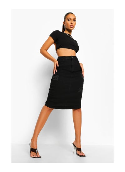 Buy Distressed Denim Midi Skirt in Saudi Arabia