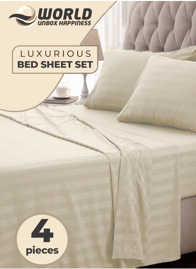 Buy 4-Piece Luxury King Size Cream Striped Bedding Set Includes 1 Duvet Cover (220x240cm), 1 Fitted Bed Sheet (200x200+30cm), and 2 Pillow Cases (48x74+5cm) for Ultimate Hotel-Inspired Sophistication in UAE