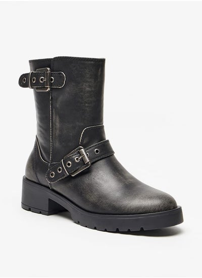 Buy Womens Buckled Strap Accent Boots with Zip Closure and Block Heels in Saudi Arabia