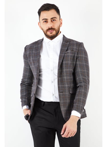 اشتري Men Fitted Check Long Sleeve Blazer, Brown Combo في الامارات