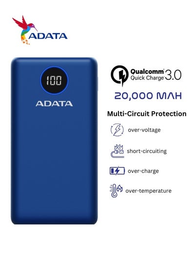 Buy Power Bank P20000QCD | 20,000 mAh | Fast Charging Qualcomm QC 3.0 USB Type-C and Type-A | Compatible with iPhone, Samsung, iPad, and More 18 watt | Blue in UAE