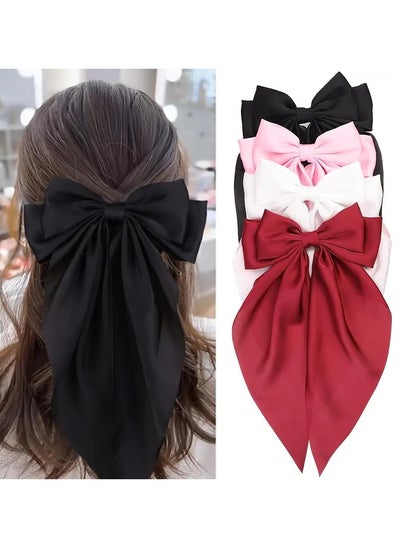 Buy Elegant 4pcs Satin Bow Hair Clips Set - Large, Cute Butterfly Barrettes in Black, White, Pink, Burgundy for Women and Girls in UAE