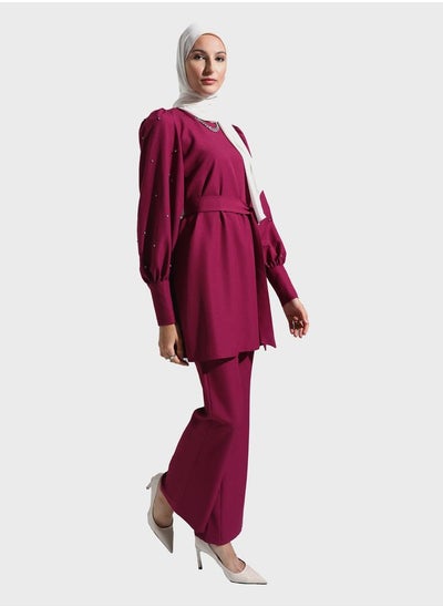 Buy Embellished Puff Sleeve Tie Detail Top & Pants Set in UAE