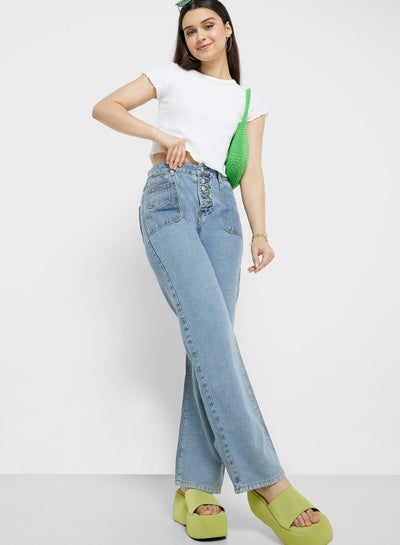 Buy High-Waisted Jeans With Contrast Trims in Saudi Arabia