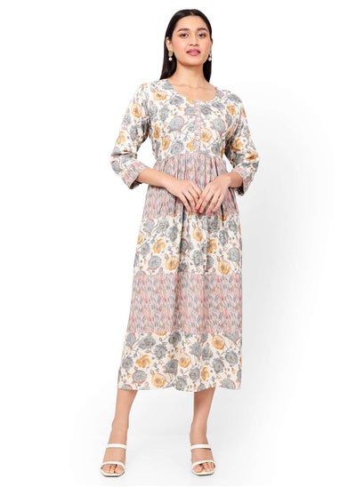 Buy MULTICOLOUR FLORAL AND SMALL STRIP PRINTED WITH STYLED BUTTONED ON FRONT ARABIC KAFTAN JALABIYA DRESS in Saudi Arabia