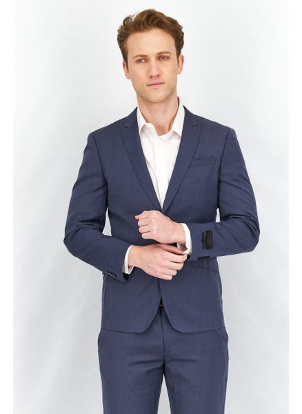 اشتري Men Fitted Textured Long Sleeve Blazer, Blue Mirage في الامارات